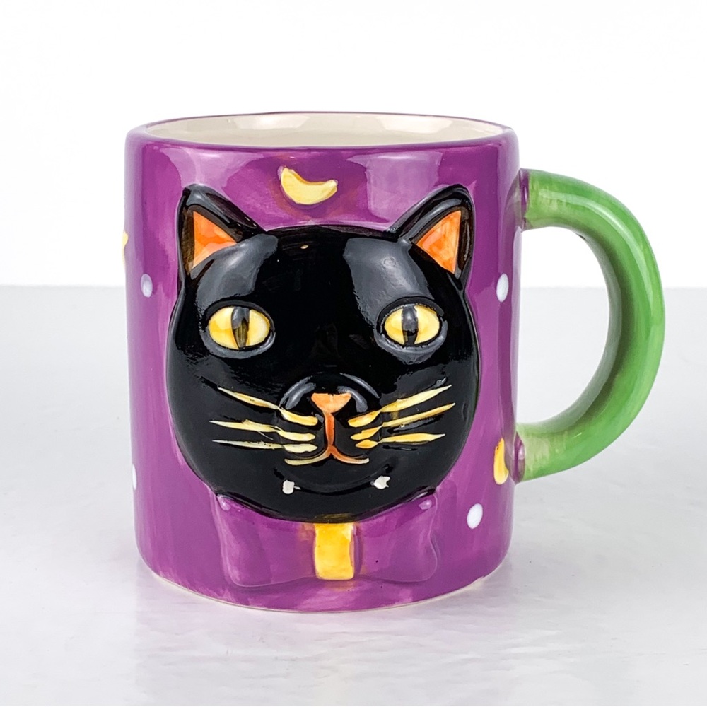 Vintage black cat mug Halloween spooky ceramic coffee mug purple, green & yellow